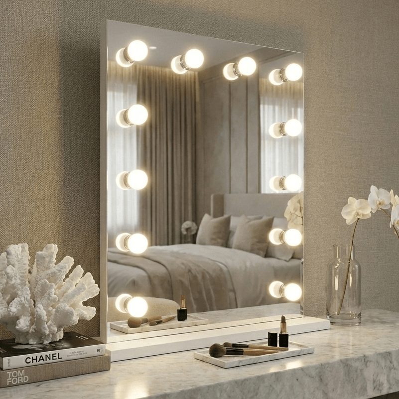 Alicia Hollywood Mirror 60cmx80cm with LED bulbs on a dressing table