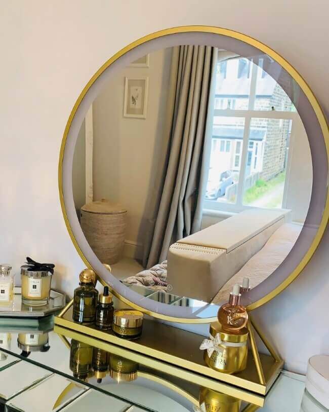 Luxurious Gold Frame Hollywood Mirror 60x63cm with LED lighting, enhancing elegant dressing room decor.