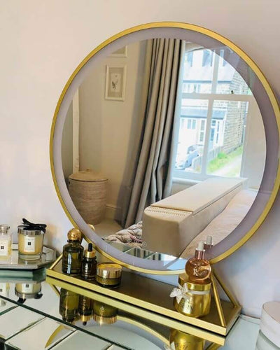 Luxurious Gold Frame Hollywood Mirror 60x63cm with LED lighting, enhancing elegant dressing room decor.