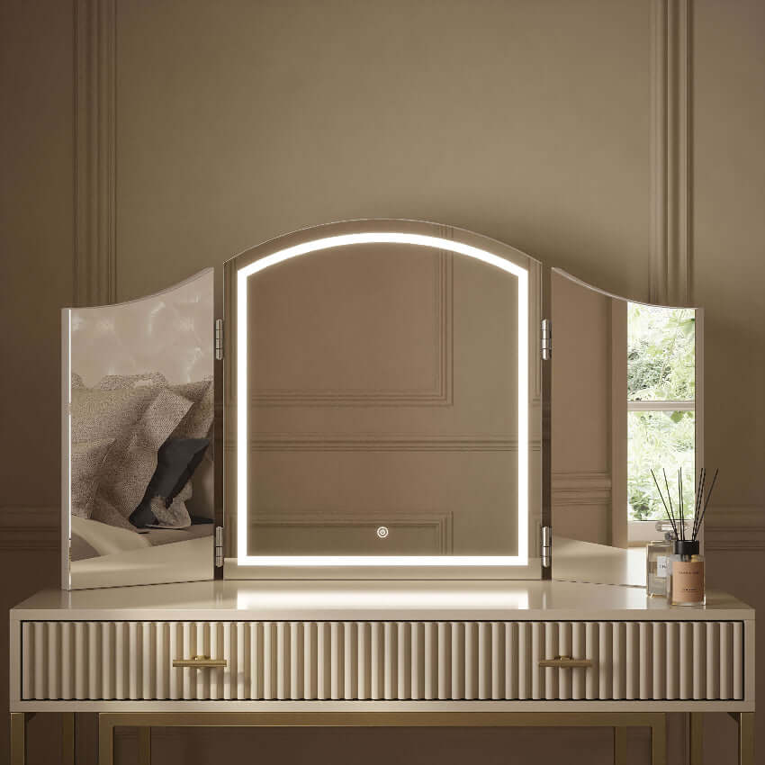 Cate Triple Dressing Table Mirror with LED lighting on elegant vanity table