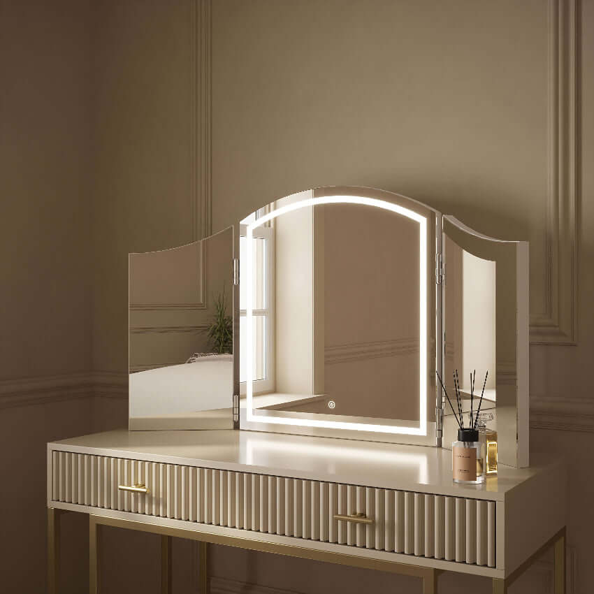Cate Triple Dressing Table Mirror with LED lighting on elegant vanity