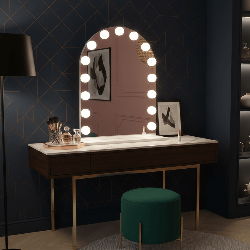Charlize Arch Hollywood Mirror 80 x 60cm with LED bulbs on a stylish vanity setup.