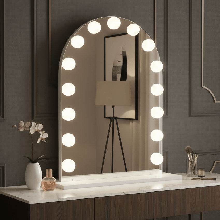 Charlize Arch Hollywood Mirror 80 x 60cm with LED bulbs on vanity in elegant setting.