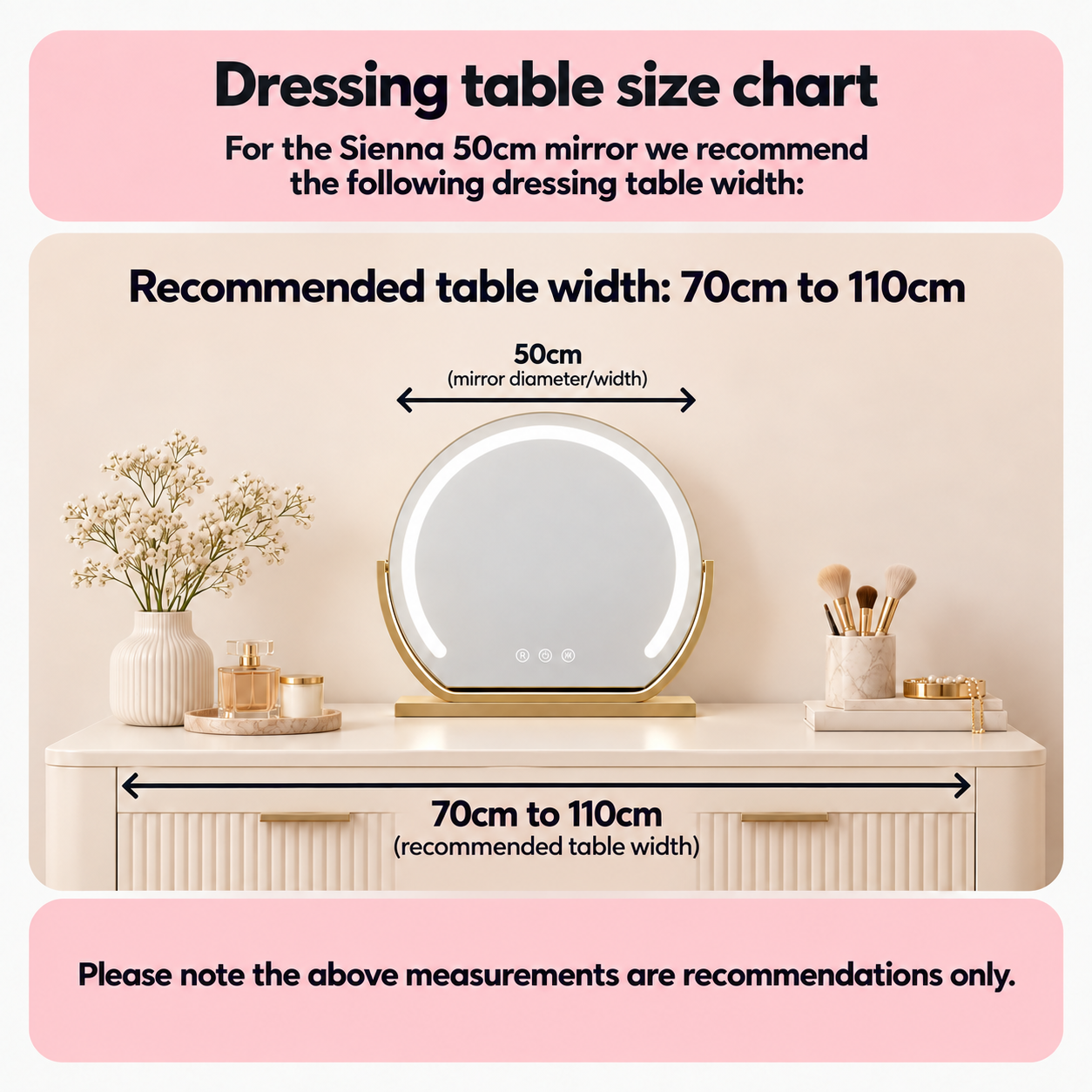 Sienna gold dressing table mirror dimension diagram