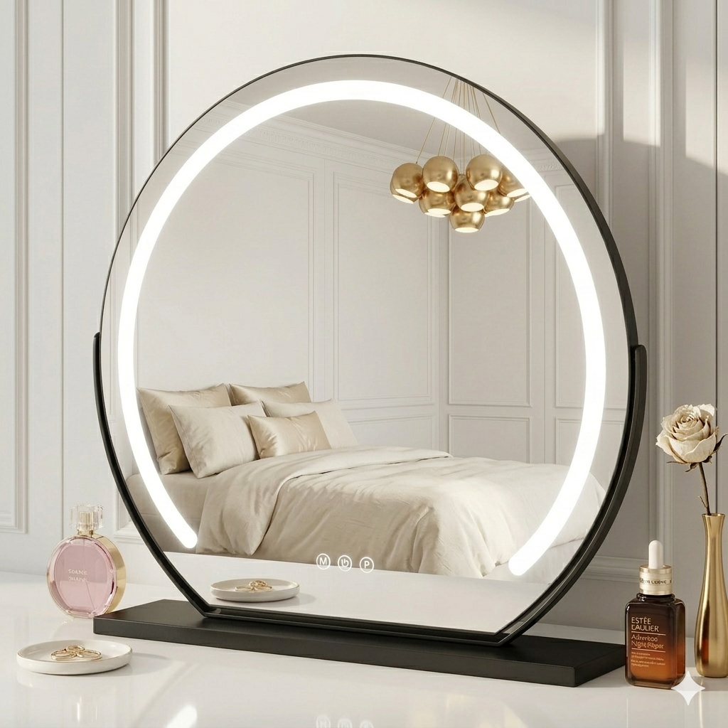 Round illuminated mirror on a stand with decorative items in a bedroom setting