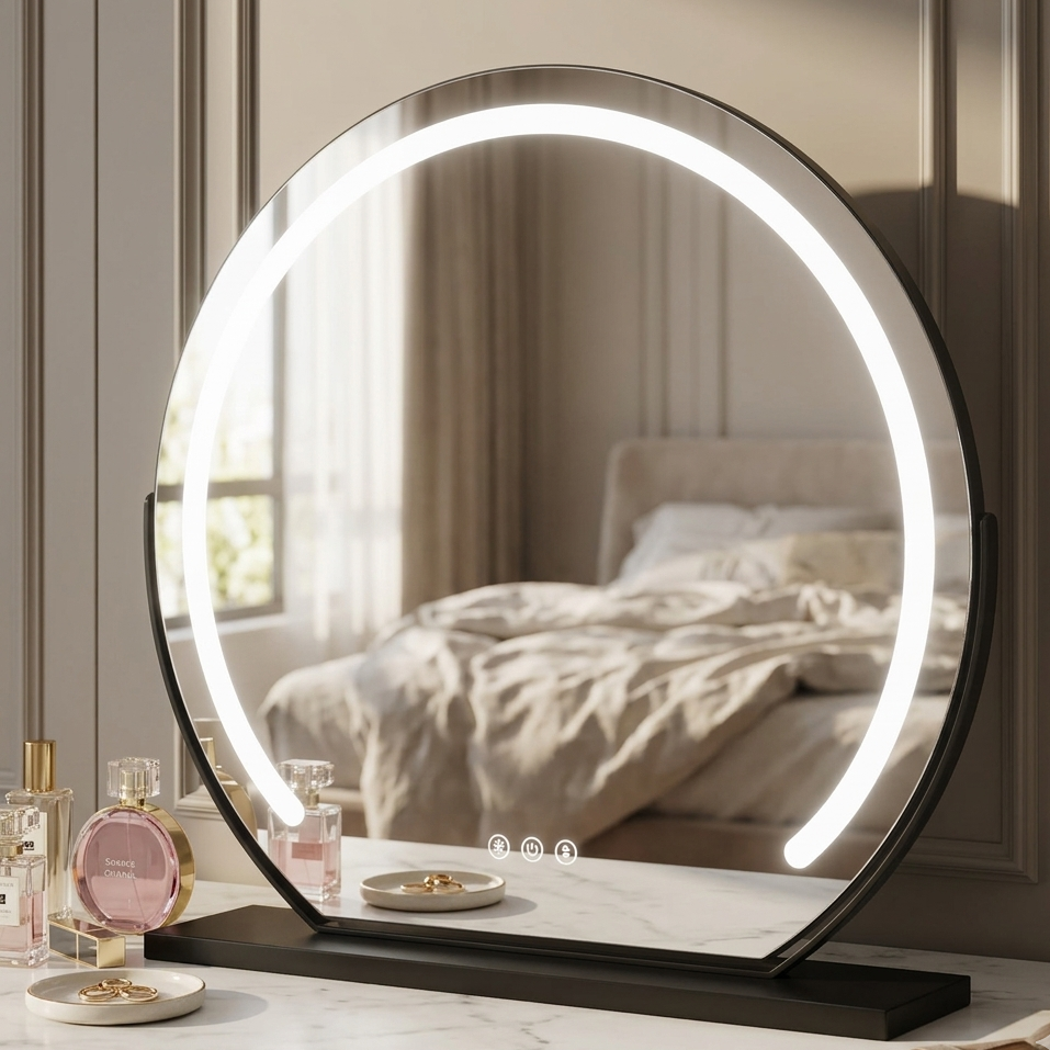 Round LED vanity mirror on a table with a bedroom in the background