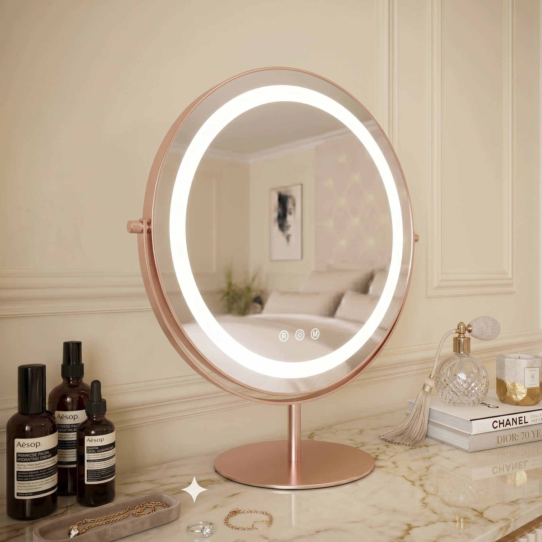 Round illuminated makeup mirror on a stand with skincare products on a marble surface.