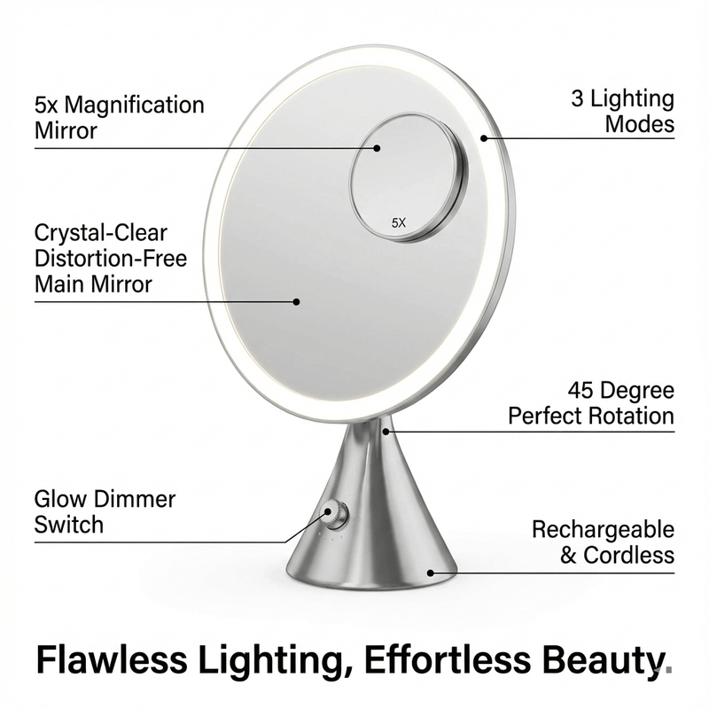 LumiGlam Pro Chrome Vanity Mirror with LED Tri-Light Technology for precise makeup application on a makeup table.