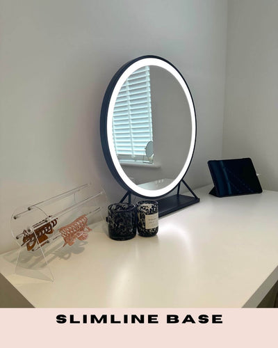 Luxurious Grace Round Hollywood Mirror with Black Frame and Adjustable LED Lighting on a Slimline Base, 60x63cm