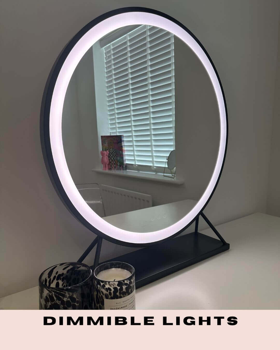 Grace Round Hollywood Mirror Black with dimmable lights, 60x63cm, perfect for elegant dressing rooms and customizable lighting options.