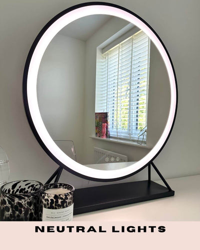 Luxurious black frame Hollywood mirror with neutral lighting, 60x63cm, elegant dressing room essential, customizable LED settings.