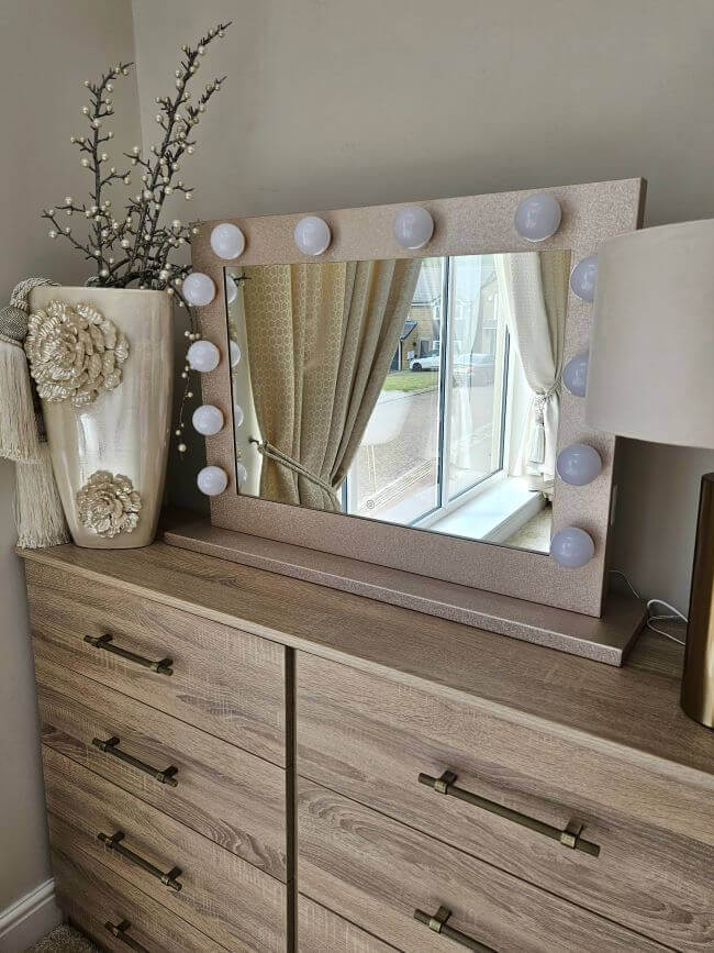 Elegant Jolie Gold Hollywood Mirror 80 x 60cm with flawless lighting and luxurious design, perfect for makeup and transforming spaces.