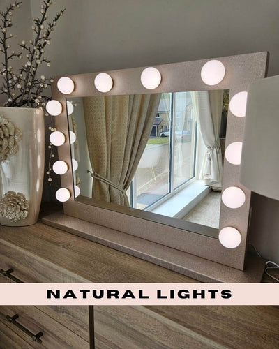 Jolie Gold Hollywood Mirror 80 x 60cm with natural lights for perfect makeup setup, enhancing any room with elegance and glamour.