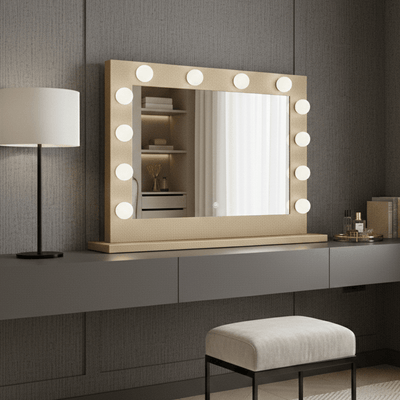 Modern vanity with mirror and stool in a room setting