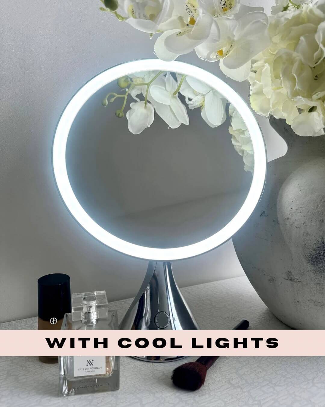 LumiGlam Pro Chrome Vanity Mirror with Cool LED Lights and Makeup Essentials Displayed Nearby