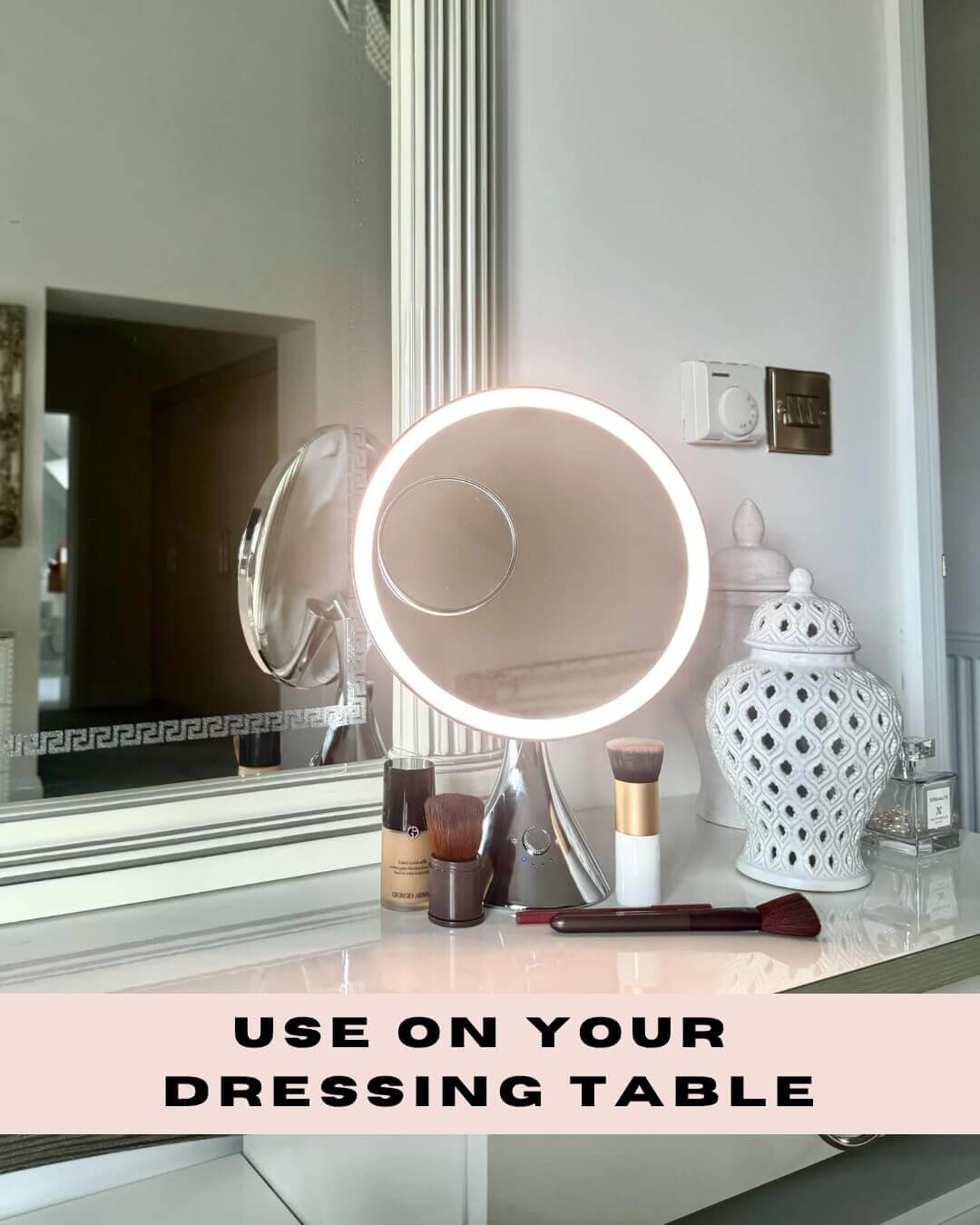 LumiGlam Pro Cosmetic Vanity Mirror in Chrome with LED lights on a dressing table, perfect for makeup application and beauty routines.