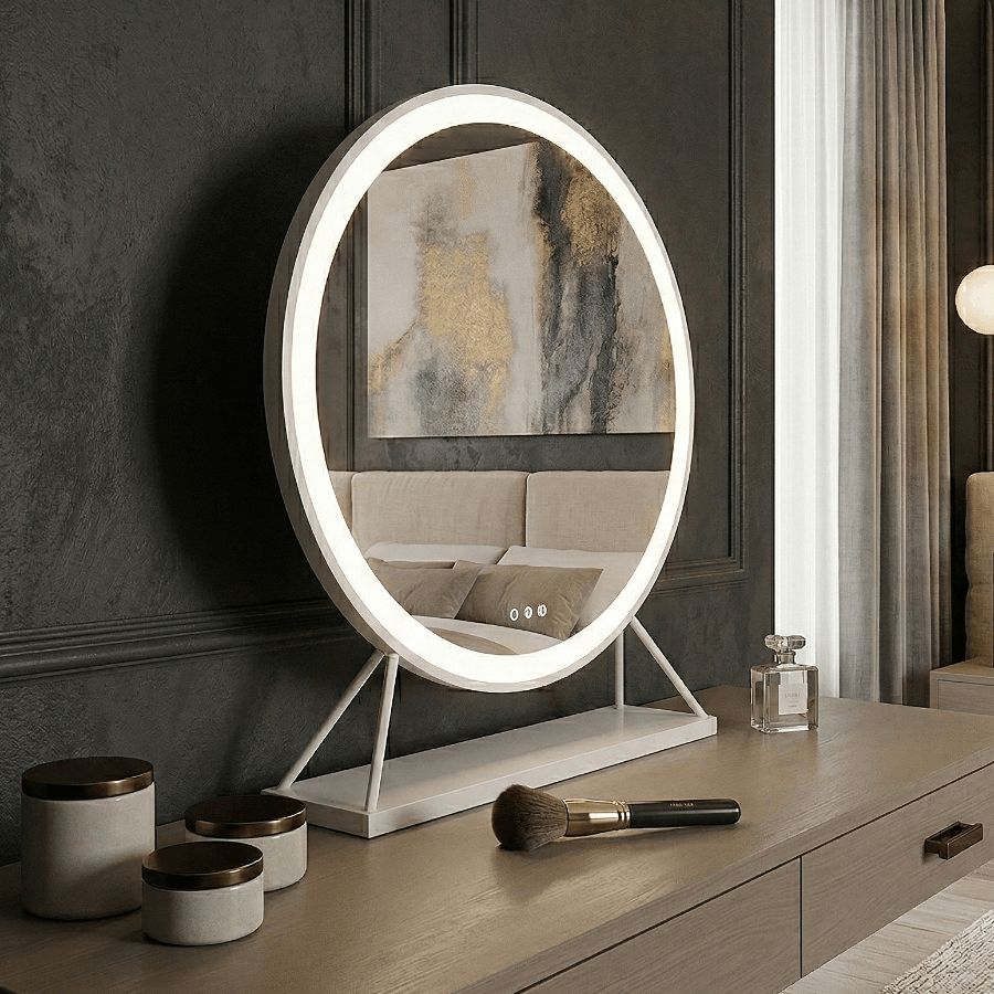 Marilyn Round Hollywood Mirror White 60x63cm displayed on a stylish dresser with ambient lighting.