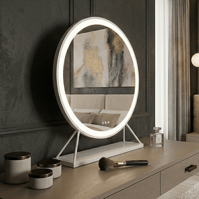 Marilyn Round Hollywood Mirror White 60x63cm displayed on a stylish dresser with ambient lighting.