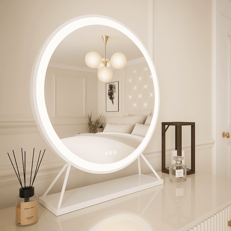 Marilyn Round Hollywood Mirror White 60x63cm displayed on a stylish dresser with ambient lighting.