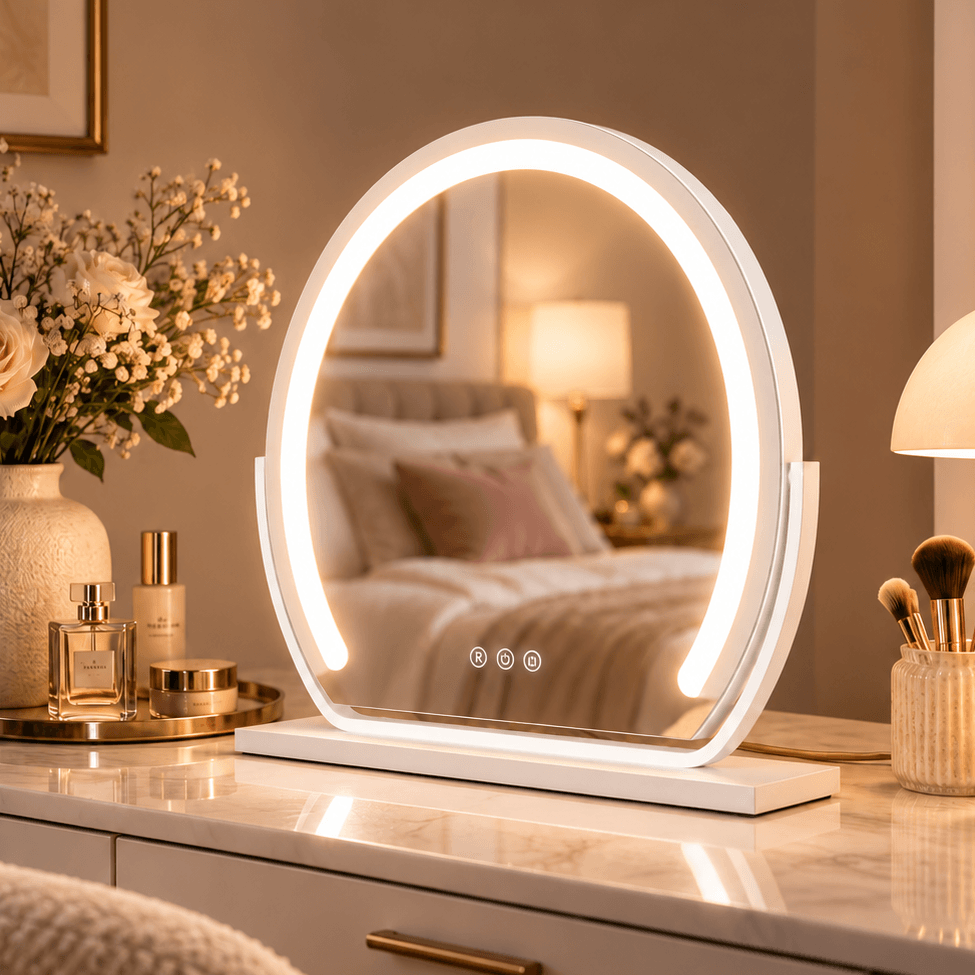 Mila white round dressing table mirror with lights