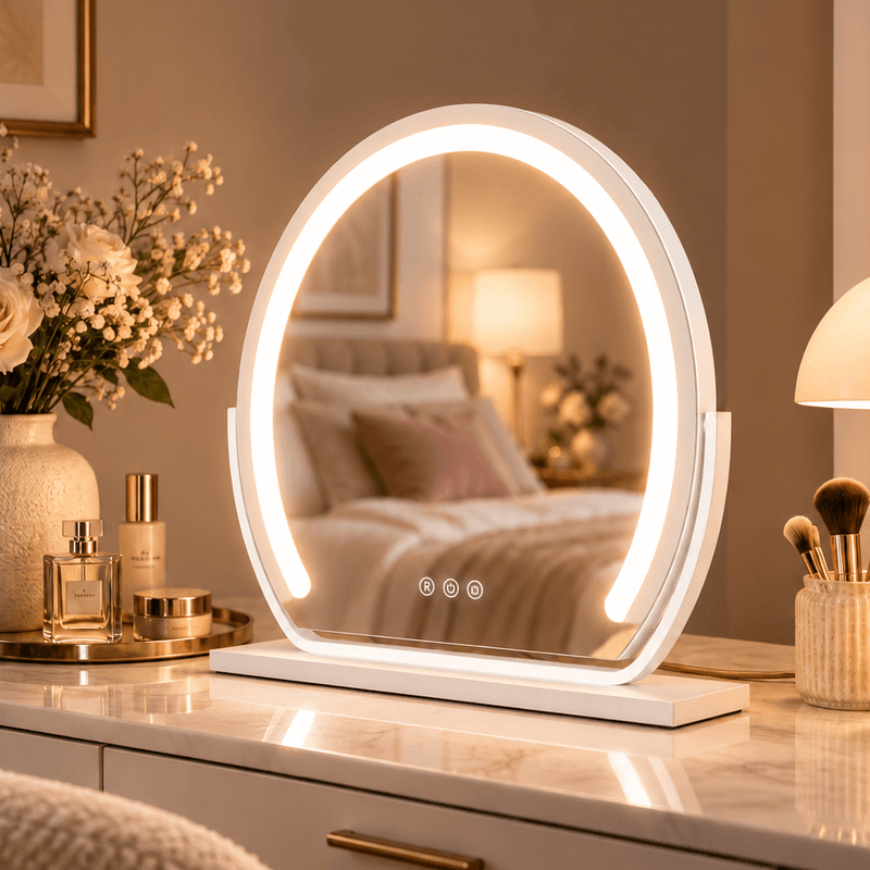 Round illuminated mirror on a wooden console table with decorative items against a dark wall.