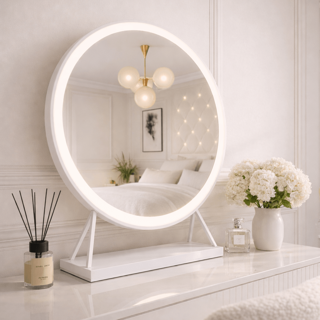 Marilyn white dressing table mirror round modern led bulbs