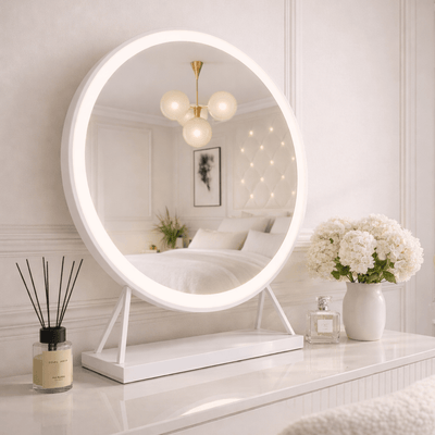 Marilyn white dressing table mirror round modern led bulbs