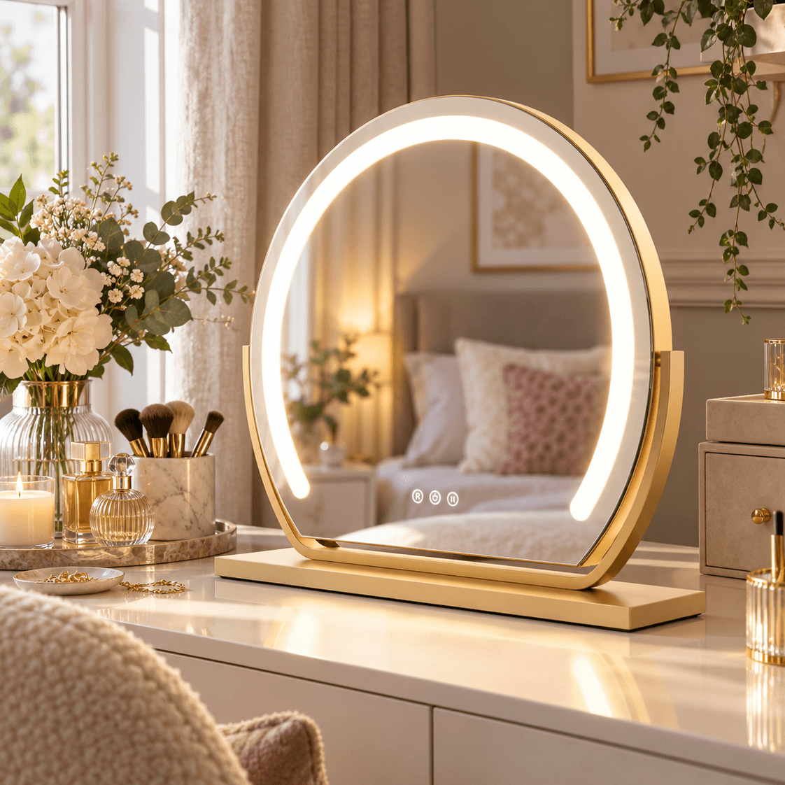 Gold dressing table mirror illuminated with led lights