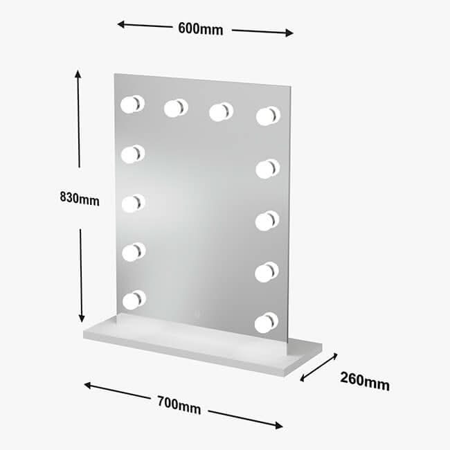The Alicia Hollywood Mirror 60cmx80cm by hollywood mirrors is a rectangular vanity mirror with 12 LED bulbs, dimmer control, and a white base (700mm x 260mm). It measures 830mm tall and 600mm wide.