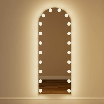Angelina full-length arch Hollywood mirror with 20-bulb LED lights, 160x60cm, for glamorous, studio-worthy lighting and selfies.