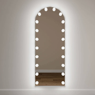 Angelina Full Length Arch Hollywood Mirror with 20 LED bulbs, 160x60cm, features dimmable three-color lighting for perfect selfies.
