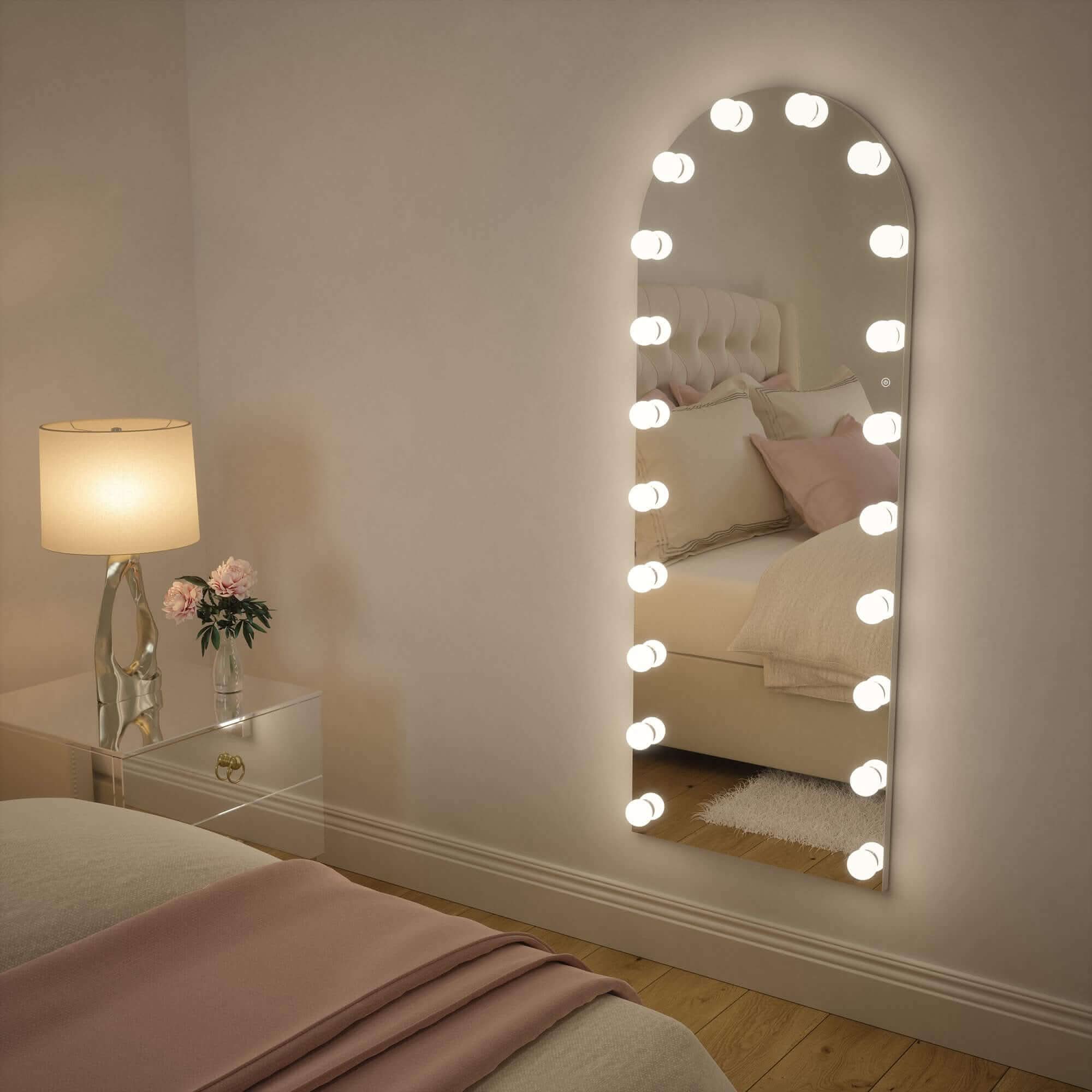Hollywood style Angelina full-length mirror with LED lights enhancing a bedroom, perfect for glam looks and selfies.
