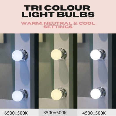 The Audrey Hollywood Mirror White 100x80cm by hollywood mirrors features three round Tri-Colour LED Bulbs with warm, neutral, and cool settings—ideal for studio lighting. Text above reads: Tri Colour Light Bulbs: Warm, Neutral & Cool Settings.