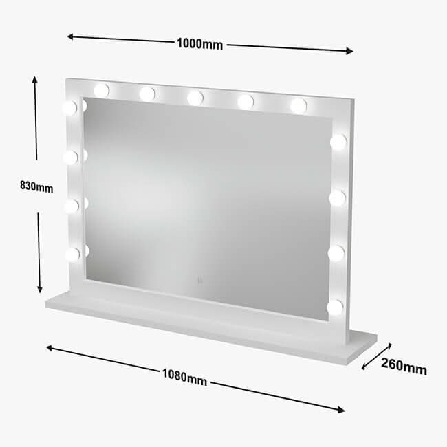The Audrey Hollywood Mirror White 100x80cm by hollywood mirrors features 14 Tri-Colour LED bulbs, ideal for studio lighting. The mirror measures 1000mm x 830mm; its base is 1080mm wide and 260mm deep. Black arrows show the dimensions.