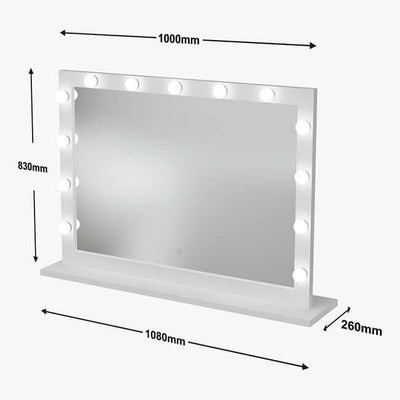 The Audrey Hollywood Mirror White 100x80cm by hollywood mirrors features 14 Tri-Colour LED bulbs, ideal for studio lighting. The mirror measures 1000mm x 830mm; its base is 1080mm wide and 260mm deep. Black arrows show the dimensions.