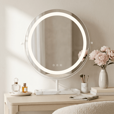 Aurelia LED Vanity Mirror — White & Marble with studio-bright LED lighting featuring a sleek design on a vanity table.