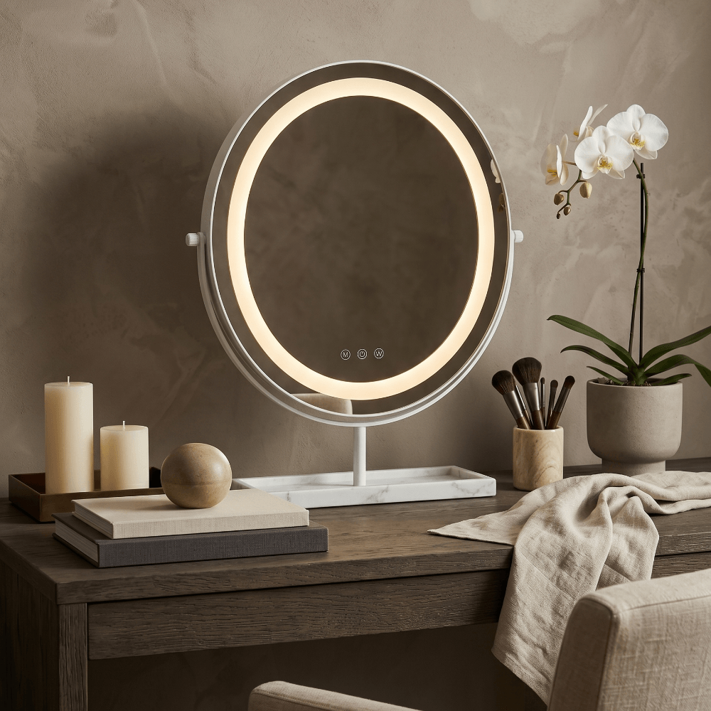 Pre Order Delivery End of April Aurelia LED Vanity Mirror — White & Marble on a stylish desk with candles and brushes.