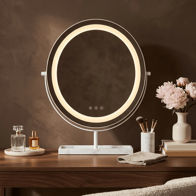 Aurelia LED Vanity Mirror — White & Marble with bright halo light, perfect for makeup application.