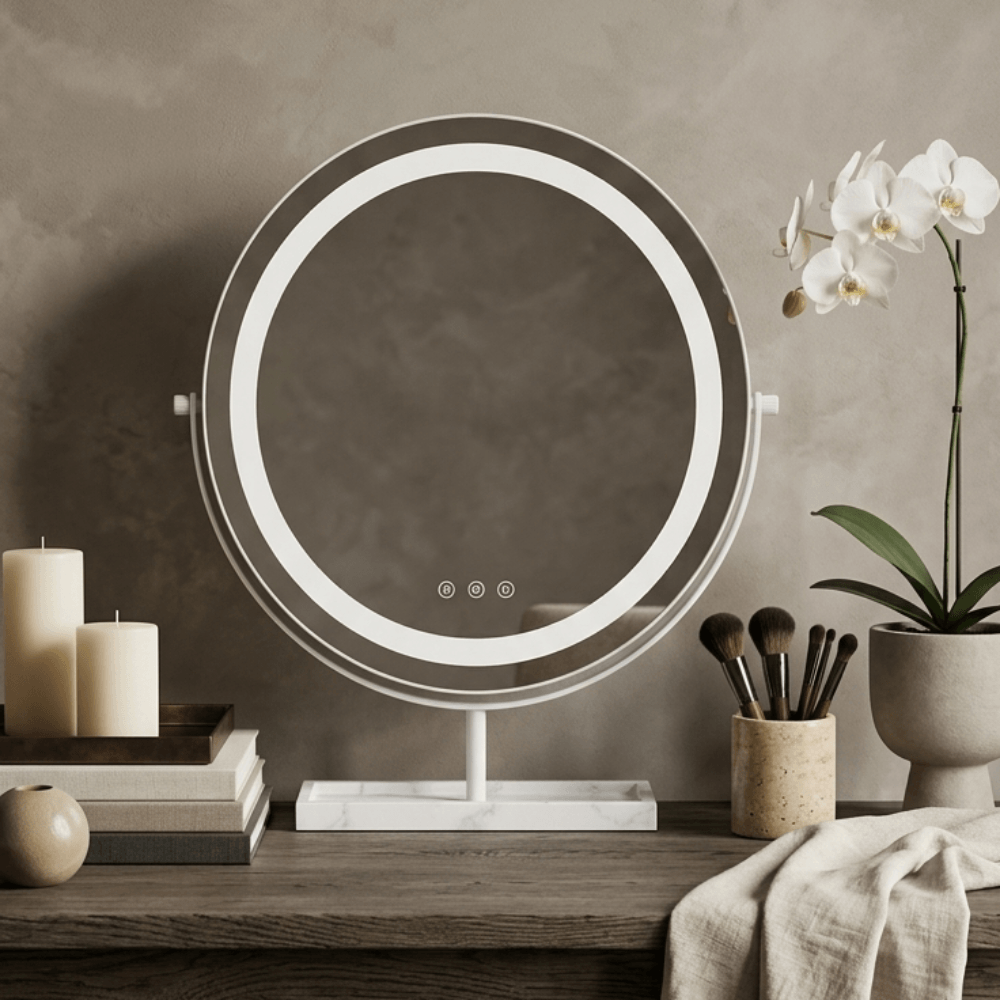 Aurelia LED Vanity Mirror — White & Marble with studio-bright lighting on a stylish vanity setup.