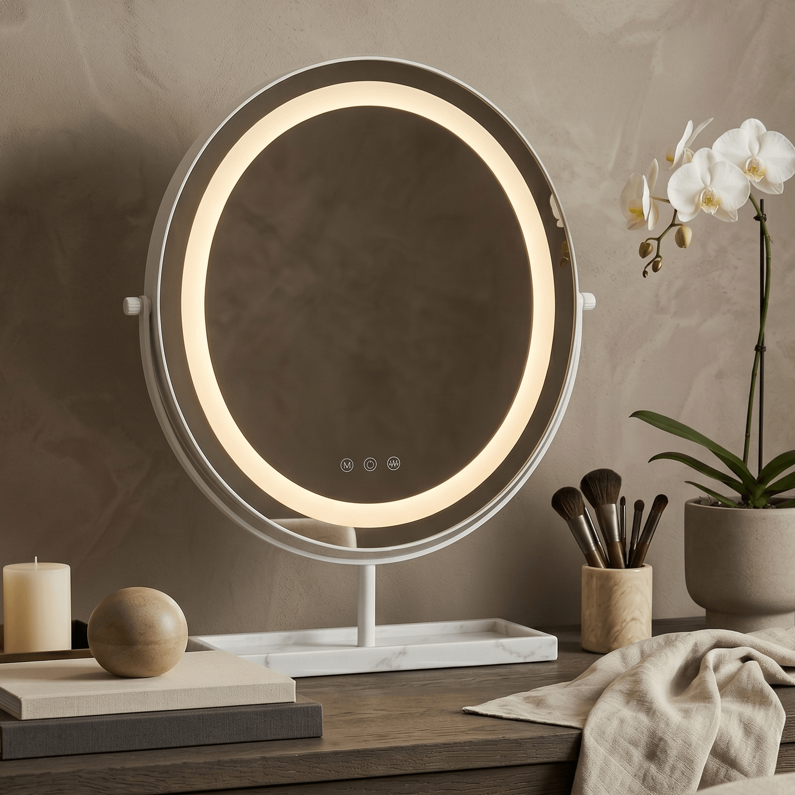 Aurelia LED Vanity Mirror — White & Marble showcasing studio-bright lighting and a stylish design.