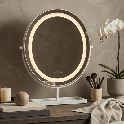 Aurelia LED Vanity Mirror — White & Marble showcasing studio-bright lighting and a stylish design.