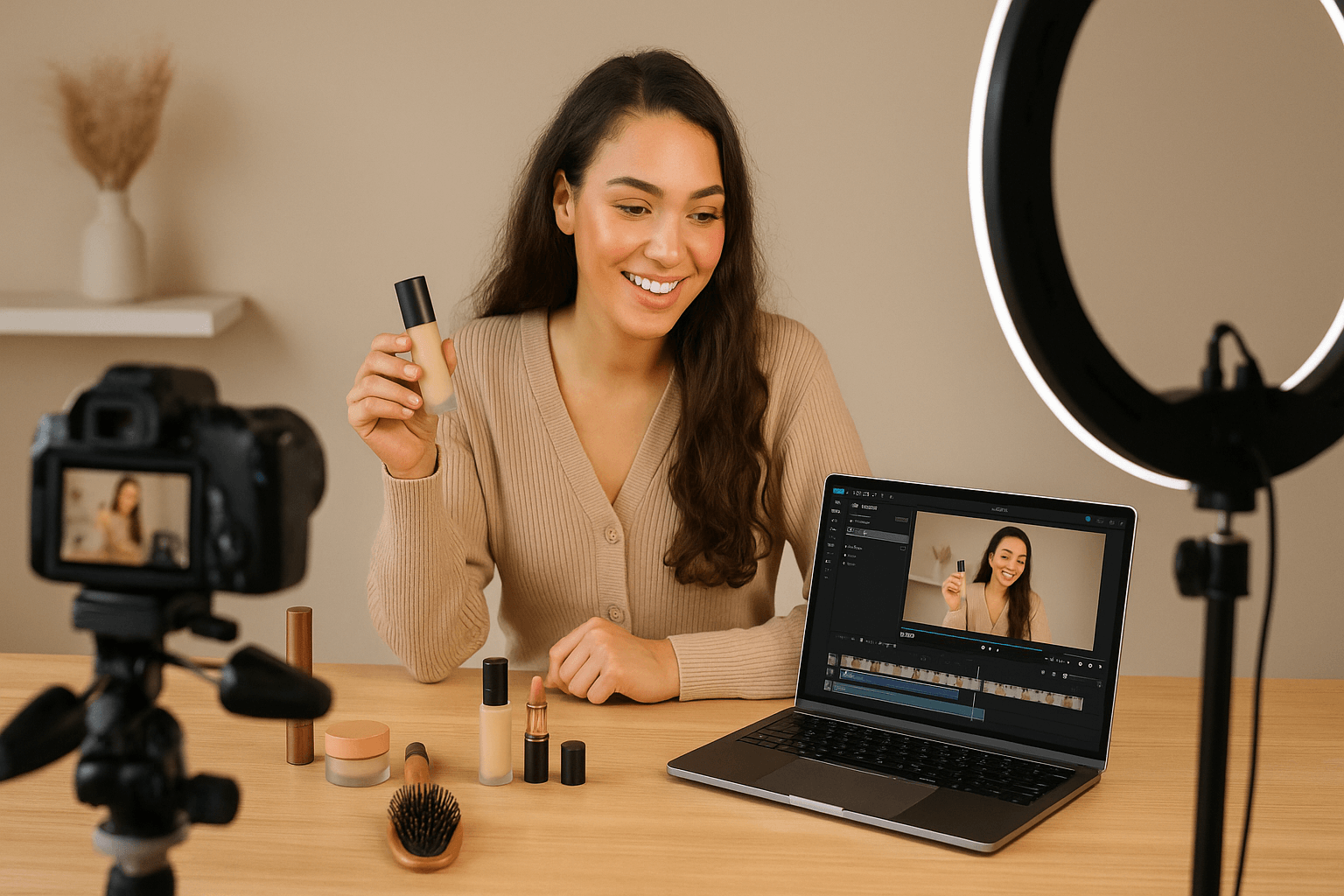Woman filming a makeup tutorial with cosmetics, camera, and laptop on desk