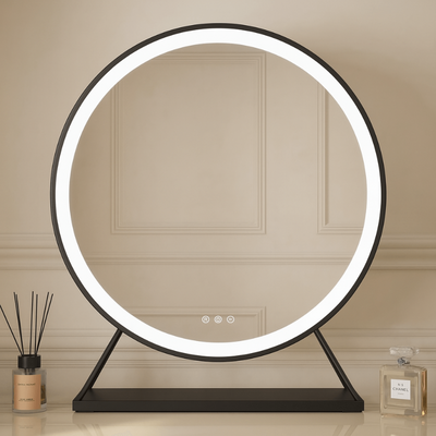 Luxurious Grace Round Hollywood Mirror with black frame featuring customizable LED lighting, size 60x63cm, elegant home decor.