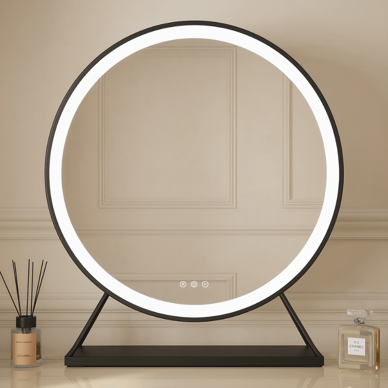 Grace Round Hollywood Mirror Black 60x63cm with LED lighting, elegant black frame, perfect for dressing rooms and vanity tables.