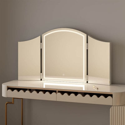 Cate Triple Dressing Table Mirror with LED lighting and trifold design for optimal visibility; elegant and practical for any glam space.