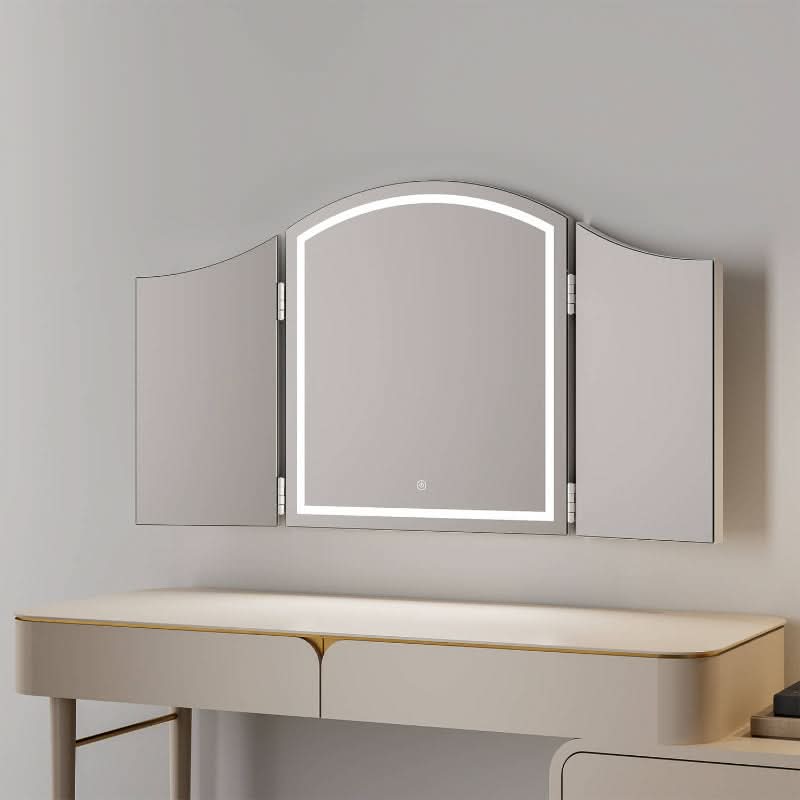 Cate Triple Dressing Table Mirror with LED lighting and trifold design, offering elegant and practical visibility, placed on a chic vanity.