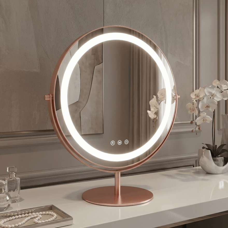 Celeste LED Vanity Mirror — Rose Gold showcasing studio-level lighting in a modern decor setting.