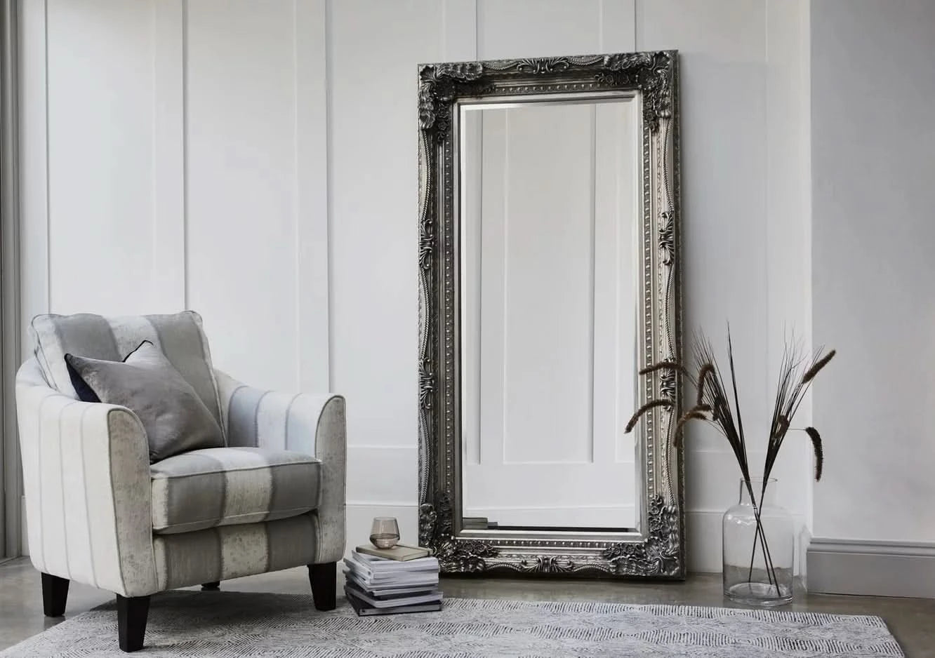 Elegant silver Charles Leaner Mirror 176cm x 90cm with ornate frame, reflecting light in a stylish interior setting.