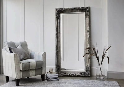 Elegant silver Charles Leaner Mirror 176cm x 90cm with ornate frame, reflecting light in a stylish interior setting.