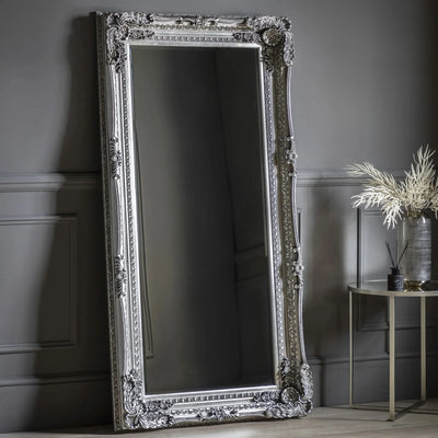 Charles Leaner Mirror in silver with ornate frame, 176cm x 90cm, adding elegance and light to a modern grey room.